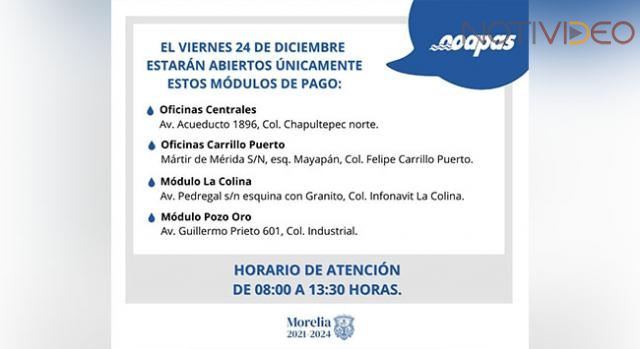 OOAPAS anuncia horarios de atención el 24 de diciembre